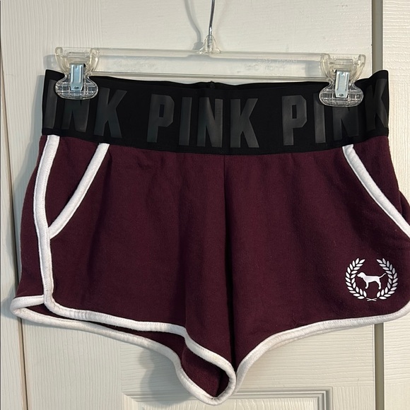 PINK Victoria's Secret Athletic Small Maroon White Varisty Shorts Wide Waistband - Picture 1 of 8